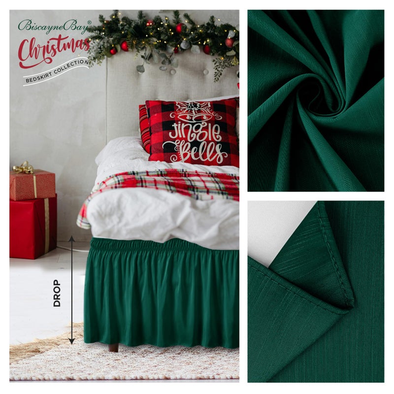 Biscaynebay Wrap Around Bed Skirts for Queen Beds 15" Drop, Christmas Hunter Green Adjustable Elastic Dust Ruffles Easy Fit Wrinkle & Fade Resistant Silky Luxurious Fabric Machine Washable - Image 3
